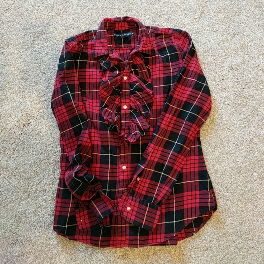 Ralph lauren plaid ruffle front shirt